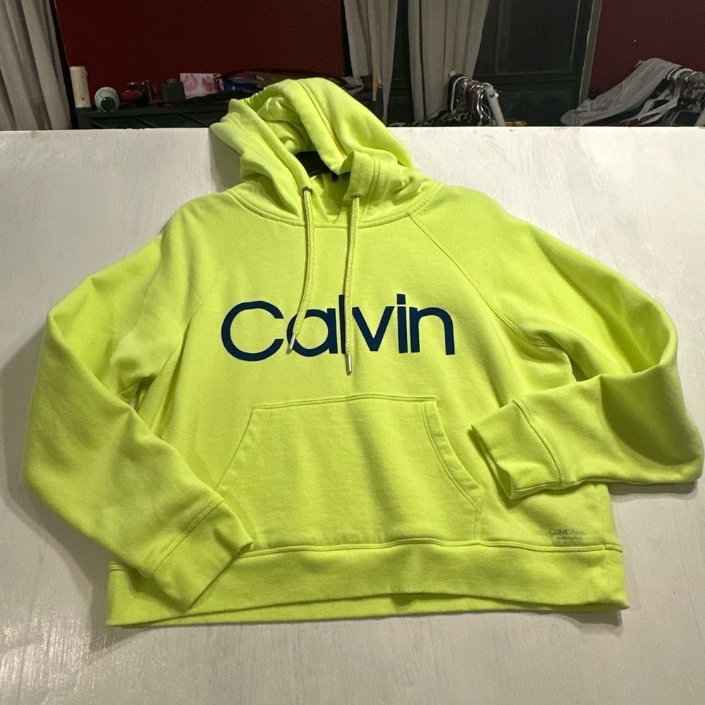Calvin Klein Performance Hoodie Women’s M Neon Yellow Logo Pullover Sweatshirt